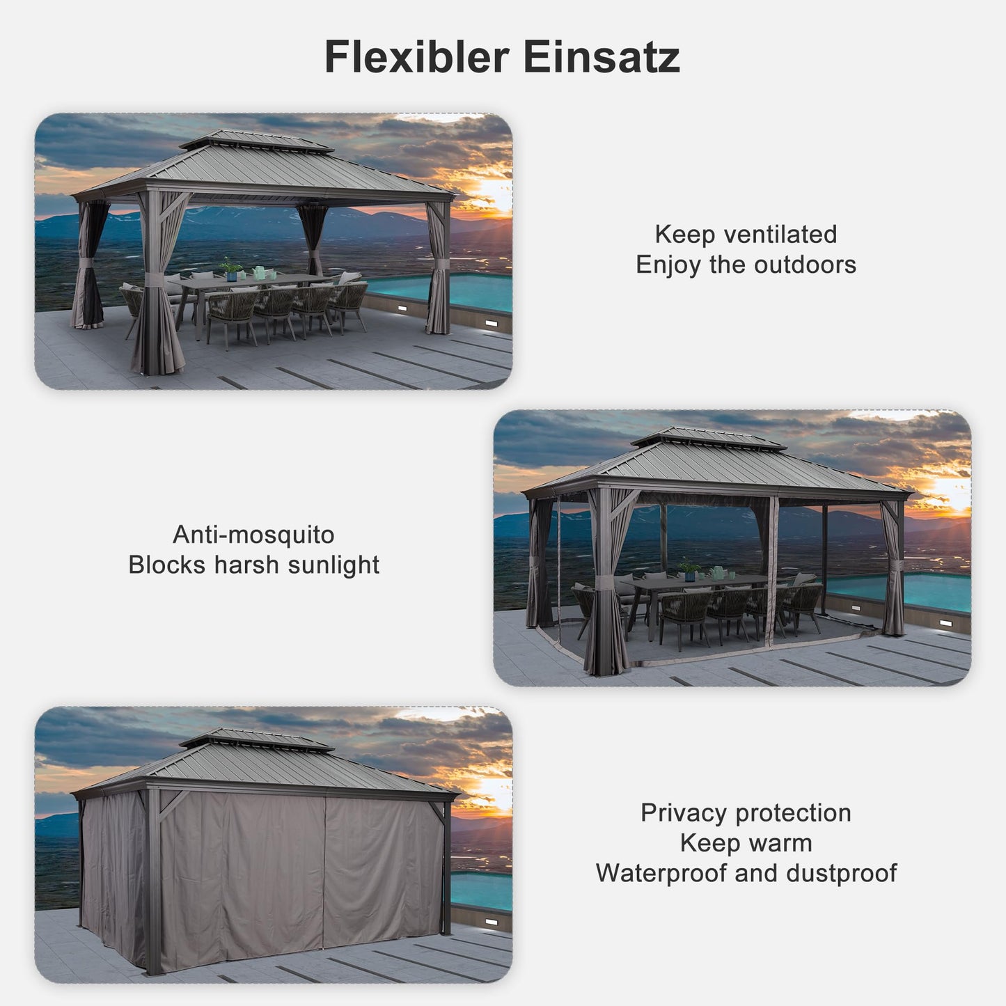 PURPLE LEAF Heavy Duty Garden Gazebo 3.65 x 4.85 m with Galvanised Steel Double Roof, Waterproof Metal Hardtop Gazebo with Side Curtain and Zipped Netting for All Weathers, Outdoor and Patio, Grey