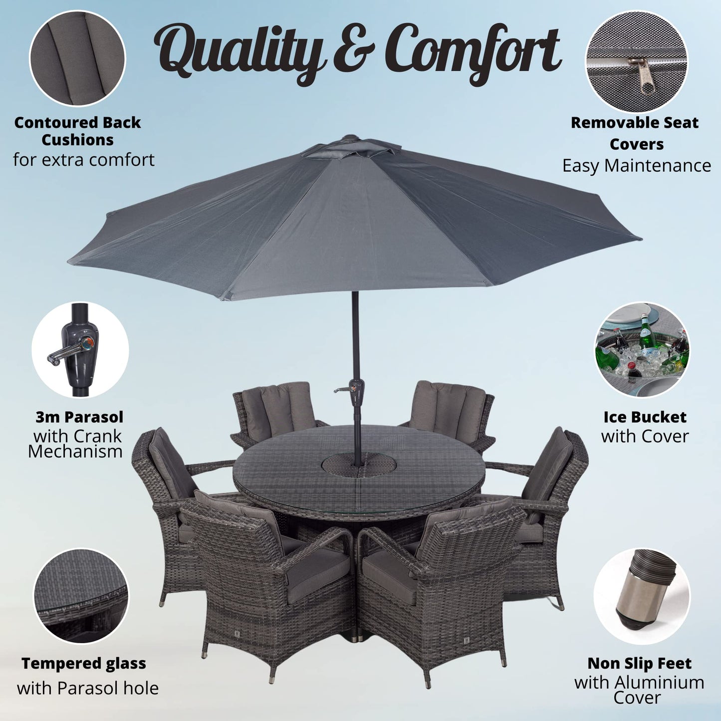 Arizona Luxury 6 Seater Grey Rattan Dining Set with Ice Bucket Drinks Cooler | Outdoor Poly Rattan Garden Table & Chairs Set with Parasol & Cover
