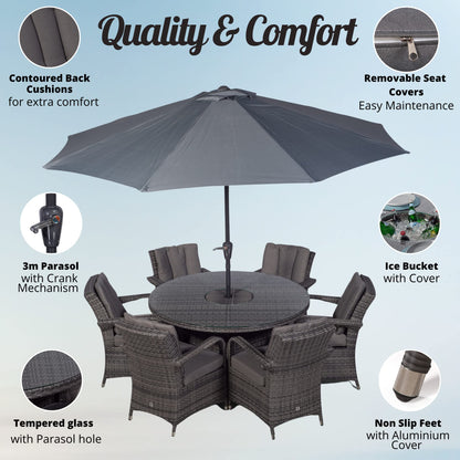 Arizona Luxury 6 Seater Grey Rattan Dining Set with Ice Bucket Drinks Cooler | Outdoor Poly Rattan Garden Table & Chairs Set with Parasol & Cover