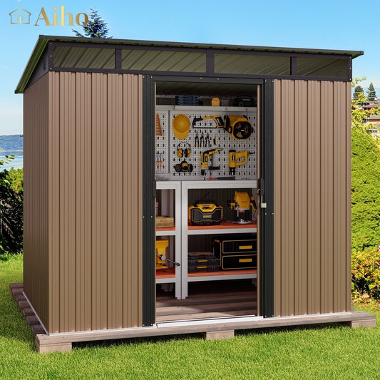 Aiho 8 x 6 FT Outdoor Storage Shed with Sliding Double Doors for Garden, Patio - Brown - Walmart.com